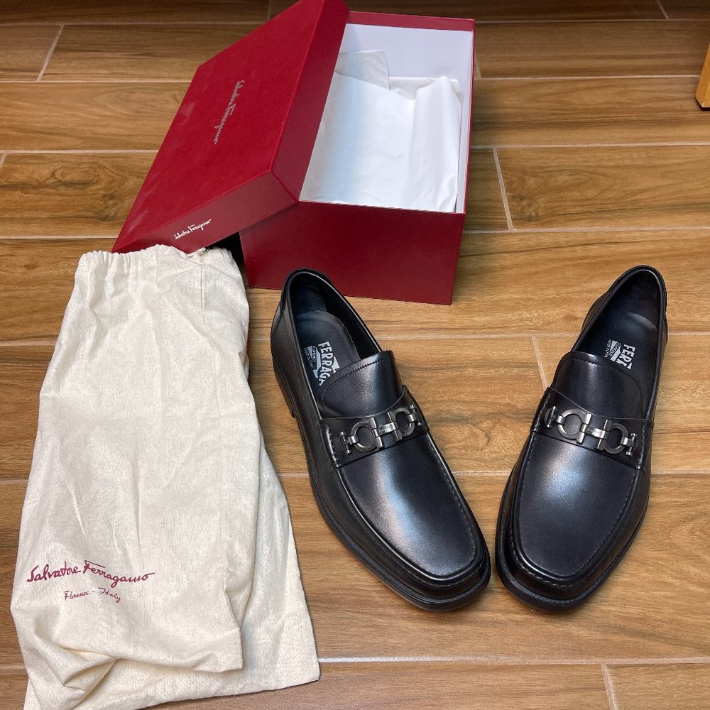 Salvatore Ferragamo Men's  David Gancini Bit Leather Black Loafers Size 9.5 EE